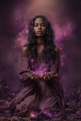Fototapeta premium Fantasy wallpaper. A digital artwork depicts a woman with long, wavy black hair, wearing a flowing, offtheshoulder purple dress. She holds a glowing orb in her hands.