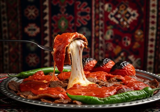 Delicious iskender kebab with melted cheese being lifted by a fork on a traditional plate