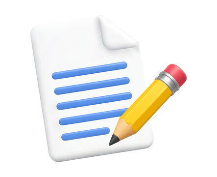 Yellow 3D pencil writing on a white paper note icon. Glossy realistic render for copywriting, content creation, drafting.