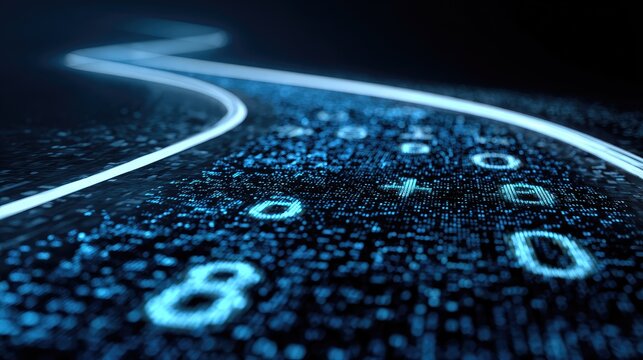 Abstract digital highway of glowing numbers, data stream curves ahead