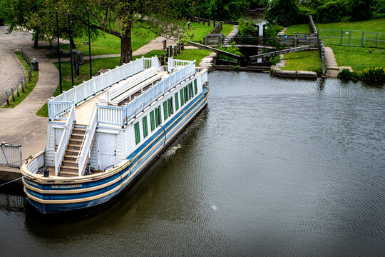 LaSalle, IL &mdash; May 17, 2026: The Volunteer, a replica 1840s canal boat, is moored at Lock 14 along the Illinois and Michigan Canal State Trail.