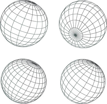 Abstract wireframe sphere globe vector illustration set, 3d grid planet earth icon on background