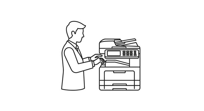 Man using a photocopier in an office, business concept, line art illustration