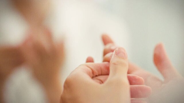 Girl gently massages her cuticles with a softener, carefully tending to her fingertips. This meticulous process, integral to a home manicure, leaves her nails and skin rejuvenated and healthy-looking