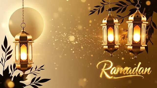 Decorative ramadan lanterns with glowing light and golden bokeh