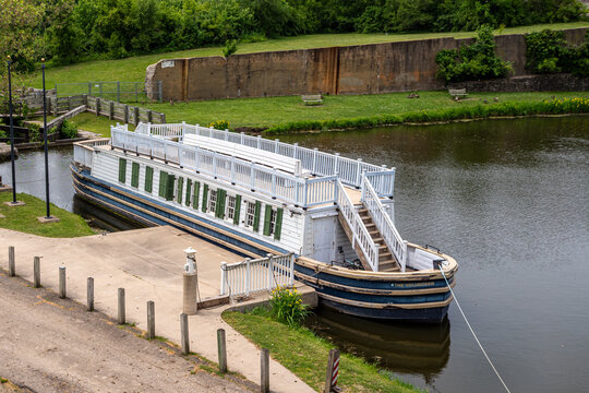 LaSalle, IL &mdash; May 17, 2026: The Volunteer, a replica 1840s canal boat, is moored at Lock 14 along the Illinois and Michigan Canal State Trail.