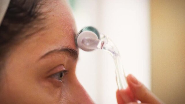 In modern bathroom, young woman in white robe stands before mirror, rolling a microneedle derma roller across her face. The microneedling session targets skin texture, embodying professional skincare