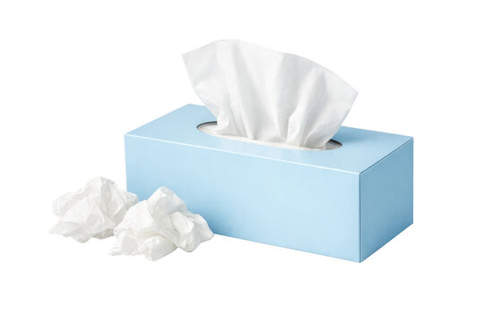 Soft facial tissue box, light blue paper packaging, white disposable tissues, hygiene and health product isolated PNG with Transparent Background