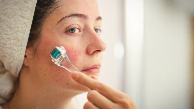 A girl in a white robe, towel wrapped around her head, gently rolls a derma roller across her face in the bathroom mirror, performing microneedling to boost collagen and enhance skincare