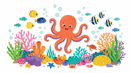 Naklejka premium Vibrant underwater coral reef scene featuring a cheerful orange octopus, colorful tropical fish, and lush sea plants