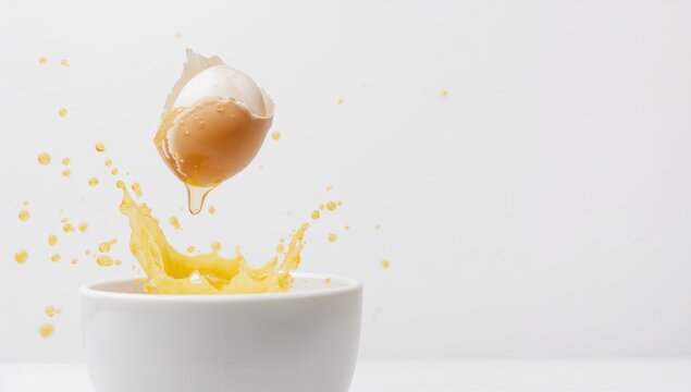 Fresh egg being cracked into a white bowl with egg yolk splashing, on a plain background