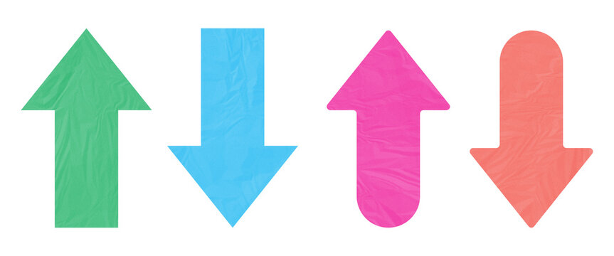 Set of colorful up and down arrows with crumpled paper texture