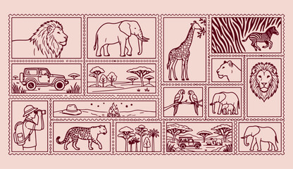 Minimal, vector, line art, wildlife safari, animal kingdom, nature exploration, modern stamps wildlife, safari, animal, nature, forest, zoo, elephant, giraffe, lion, bird, parrot, habitat, ecosystem,  © Geetaroy