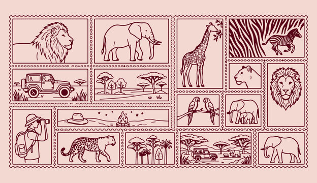 Minimal, vector, line art, wildlife safari, animal kingdom, nature exploration, modern stamps
wildlife, safari, animal, nature, forest, zoo, elephant, giraffe, lion, bird, parrot, habitat, ecosystem, 