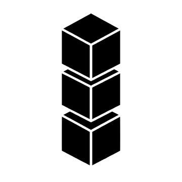 Three black isometric cubes stacked vertically on a white background in a minimalist vector illustration style, representing structure and order