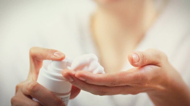A girl gently squeezes snow-white cleansing foam from a bottle onto her palm, showcasing a daily self-care routine that prioritizes skin health and refreshment with a soothing, airy texture