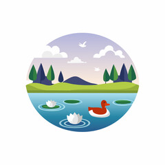 Fototapeta premium Duck floating on water in a beautiful landscape scene.