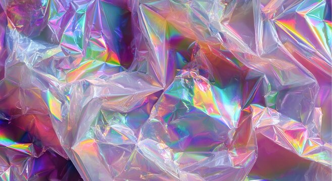Crinkled iridescent film catches light, creating a dazzling spectrum of colors