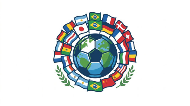 Soccer ball with world flags and laurel wreath.