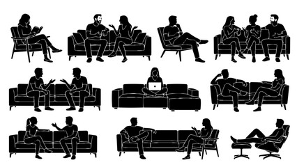 Obraz premium Modern Lounge Seating Silhouettes – Relaxed Human Sofa Pose Vector Illustration Set