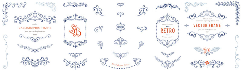 Ornate hand drawn elements, frames, labels, scroll, logos, floral motifs. For branding, graphic design, packaging, stickers, business and greeting cards, invitations, menu, diplomas. © KatyaKatya
