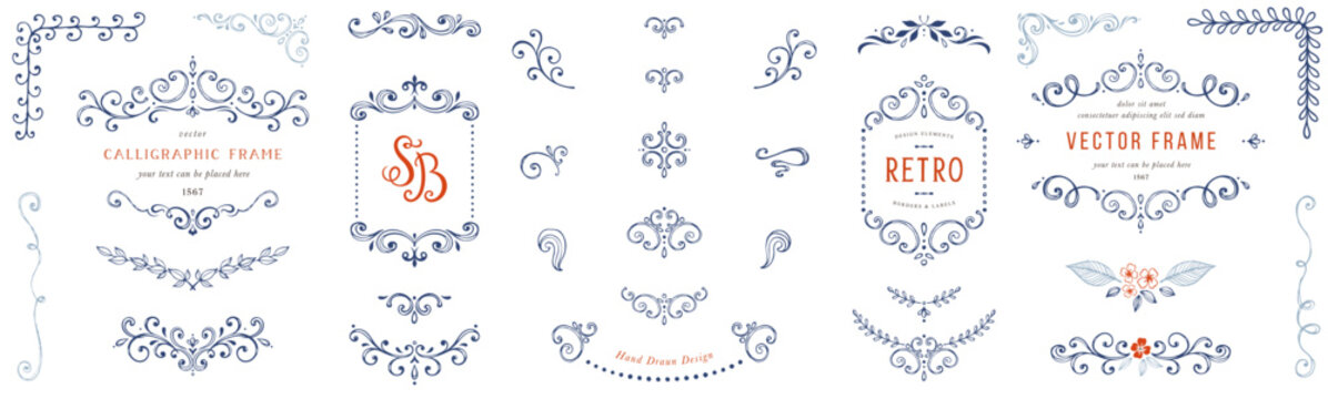 Ornate hand drawn elements, frames, labels, scroll, logos, floral motifs. For branding, graphic design, packaging, stickers, business and greeting cards, invitations, menu, diplomas.