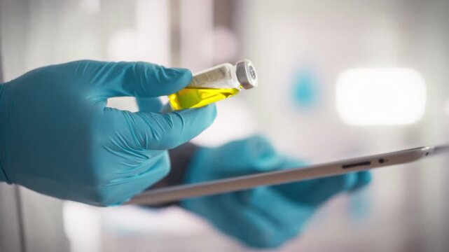 A healthcare professional in protective gloves holds a glass bottle and checks medication data on a tablet, verifying the label against the prescription database in a hospital setting