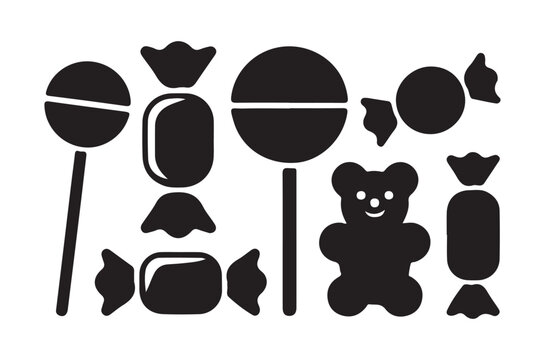 Black silhouette icons of assorted candies and a gummy bear