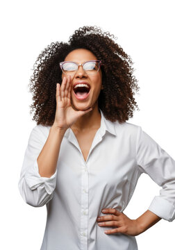 Confident biracial woman mid-20s, curly hair, cat-eye glasses, shouting excitedly with hand cupped like a megaphone, transparent studio, commercial copy space Concept of assertive communication