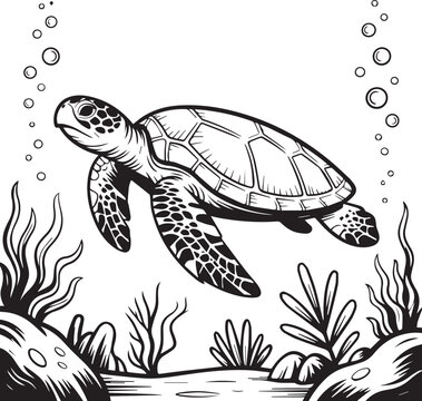 Sea turtle swimming underwater with seaweed and bubbles Vector