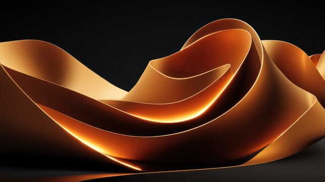 Undulating waves of metallic bronze material glow against a dark background