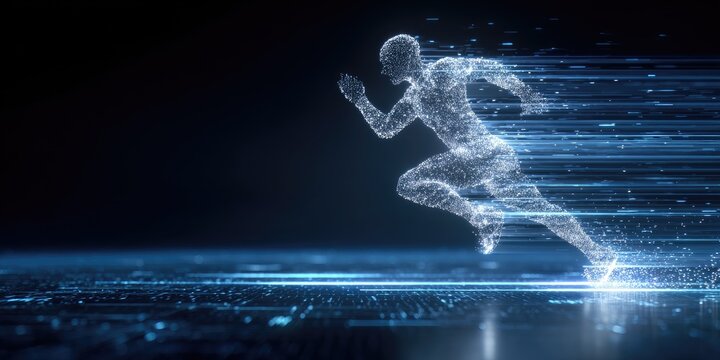 A glowing digital human figure runs at high speed on a futuristic circuit board