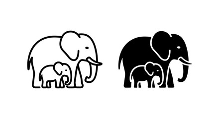 Elephant Family Icons, Simple Line Art & Silhouette, Animal Graphics © MdNurul