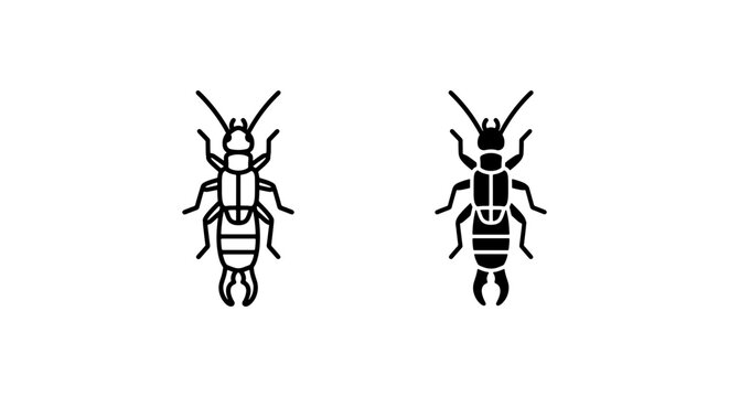 Earwig Insect Icons, Pest Control Vector Graphics, Black and White Bug Silhouettes