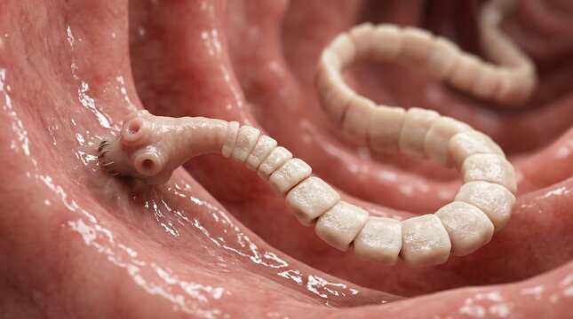 Close-up medical illustration of segmented intestinal parasite attached inside human digestive tract environment