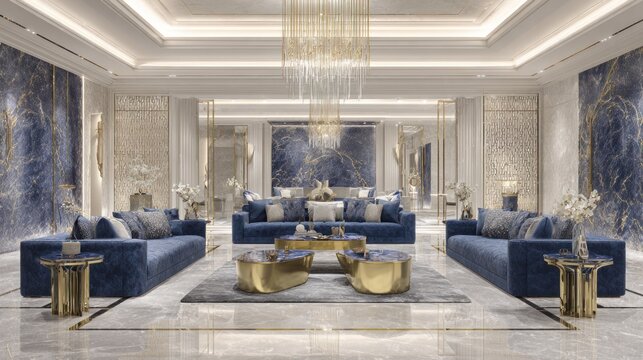 Opulent interior design showcases luxurious seating arrangements within a grand contemporary living space