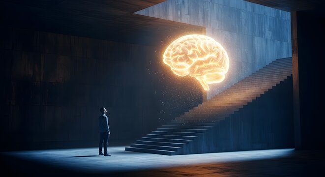 Man looking at a giant glowing brain above a staircase. Artificial intelligence and human knowledge. Person standing in a dark concrete hall observing a luminous mind concept
