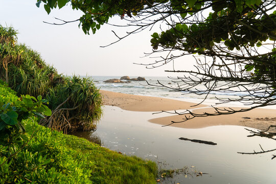 View of a tropical beach where a calm lagoon meets the ocean, framed by lush green vegetation and coastal trees under a soft sky Galle, Southern Province, Sri Lanka.