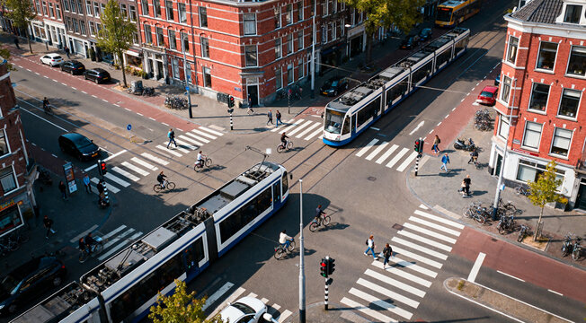 Crossroad crossing top view in Amsterdam traffic intersection in city urban The Netherlands 
