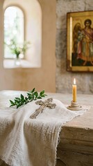 Cross, sacred symbol of Christian faith, placed upon linen cloth, commemorating Orthodox Holy Spirit Monday, celebrating divine trinity, spiritual renewal, and ancient tradition.