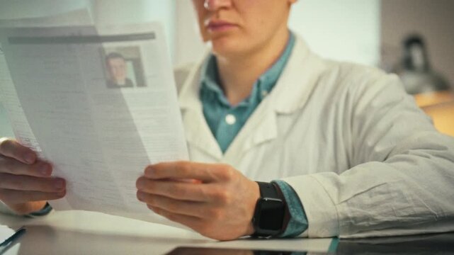 Reviewing medical records, a specialist doctor sits in a bright, sterile office, holding the patient's insurance policy and carefully examining the documentation for thorough assessment
