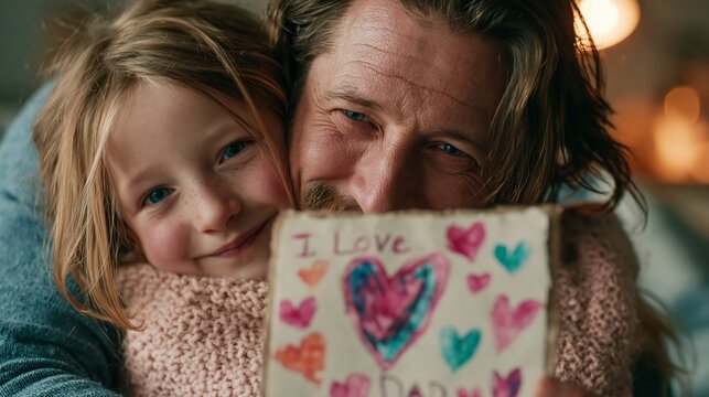 Loving father and young daughter holding a handmade card with colorful hearts in this photograph