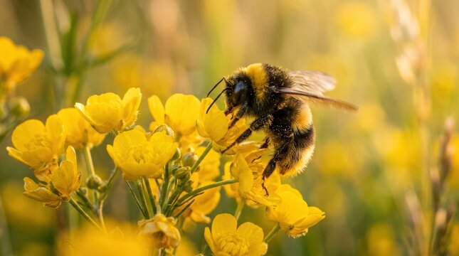 Bumblebee Collecting Nectar from Bright Yellow Wildflowers in Sunlight.