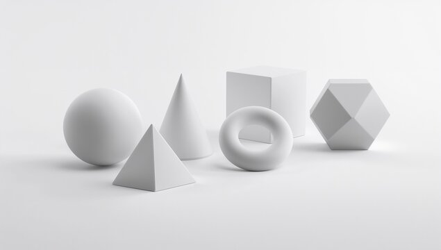 Minimalist White Geometric Shapes Collection with Sphere Cone and Cube