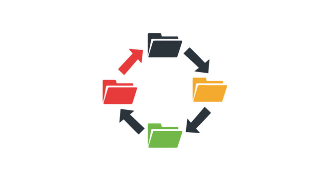 A circular diagram showing colorful file folders connected by directional arrows