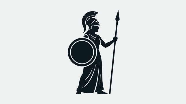 Ancient Greek Warrior Woman Silhouette Holding Spear and Shield.