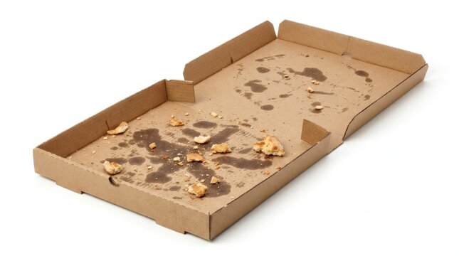 Empty cardboard pizza box with grease stains, leftover crusts, and crumbs, isolated on a white background, symbolizing a finished meal, fast food waste, or indulgent eating habits.