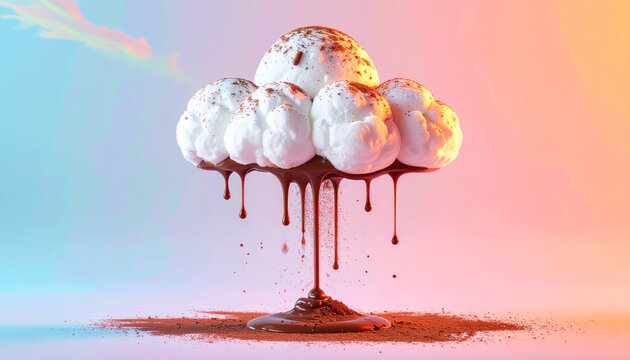 Whimsical cloud made of fluffy marshmallows dripping with melted chocolate and cocoa powder