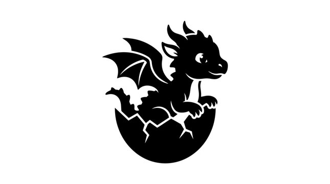 Cute baby dragon hatching from a cracked egg silhouette.