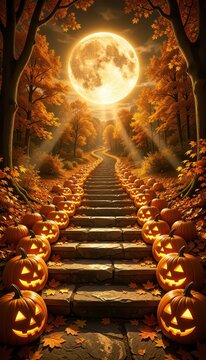Moonlit Path Lined with Glowing Jack-O-Lanterns in Autumn Forest